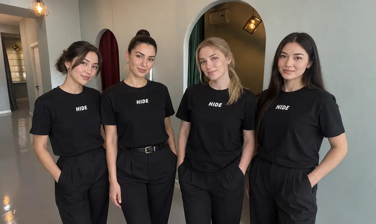 Hide salon masters and administrators in logo T-shirts in the salon hall in Tashkent