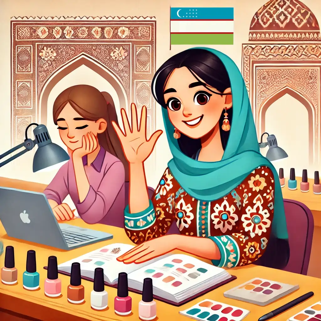 Illustration: a nail master and a client at a salon desk, with Uzbek ornaments in the background